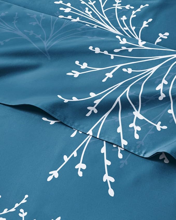 King 4 Piece Floral Sheet Set - Soft, Breathable & Cooling - Sea Spray | 1 Flat, 1 Fitted & 2 Pillowcases w/ Deep Pockets, Boho Botanical Floral Bedding, Breathable & Cooling, Wrinkle & Fade Free