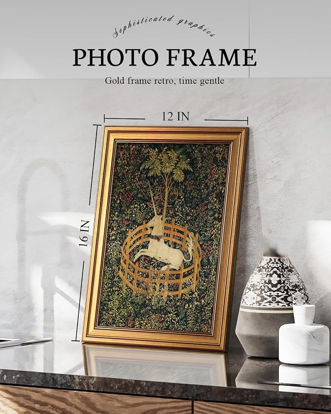 VIYYIEA Vintage Gold Framed Wall Art for Living Room, Unicorn Canvas Prints Home Decor, Oil Painting Picture, Bedroom Wall Decor Gifts for Friends or Family -【The Unicorn in Captivity】-(16L x 12W)