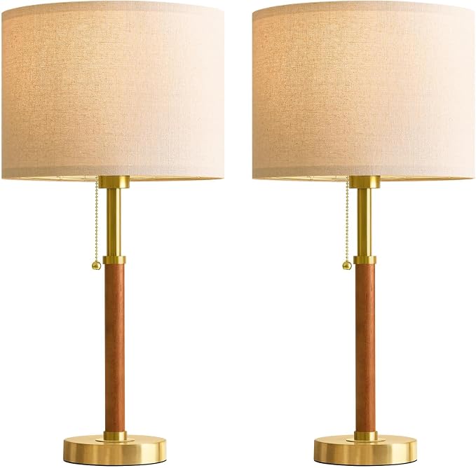 22" Wood Table Lamps Mid Century Modern Lamp for Bedroom Living Room | Bedside Lamps for Night Stands Nightstand Lamp with Pull Chain Gold Small Side End Table Lamps Set of 2 Vintage Deco Gifts