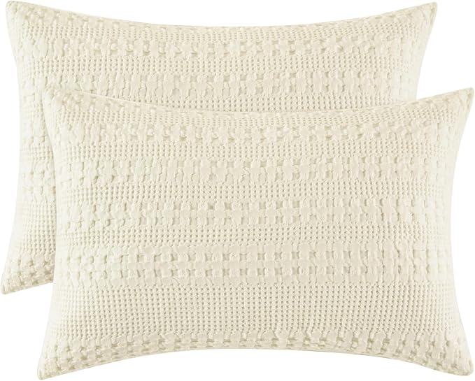 PHF Waffle Weave Pillow Shams Queen Size, 2 Pack 100% Cotton Pillowcases 20" x 30", No Insert, Soft & Breathable Aesthetic Woven Pillow Case Covers for Bedroom Decor, Canmoli Cream