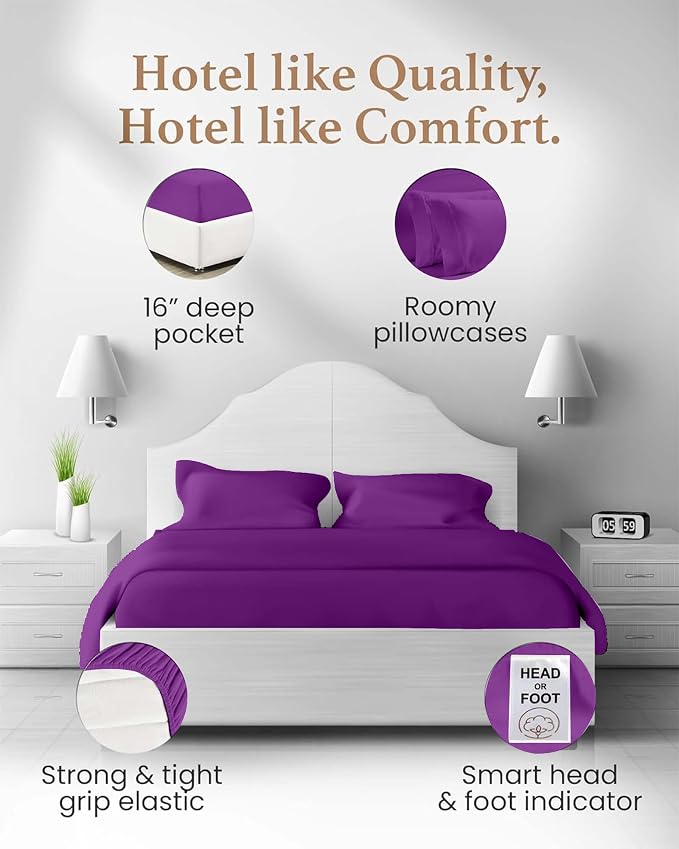 Good Sleep Bedding 100% Egyptian Cotton Twin Sheet Set, 4 Piece, Silky Sateen Weave Twin Bed Sheet Set, Ultra-Soft & Durable Hotel Luxury, 16 Inch Deep Pocket Twin Size Bed Sheets - Purple