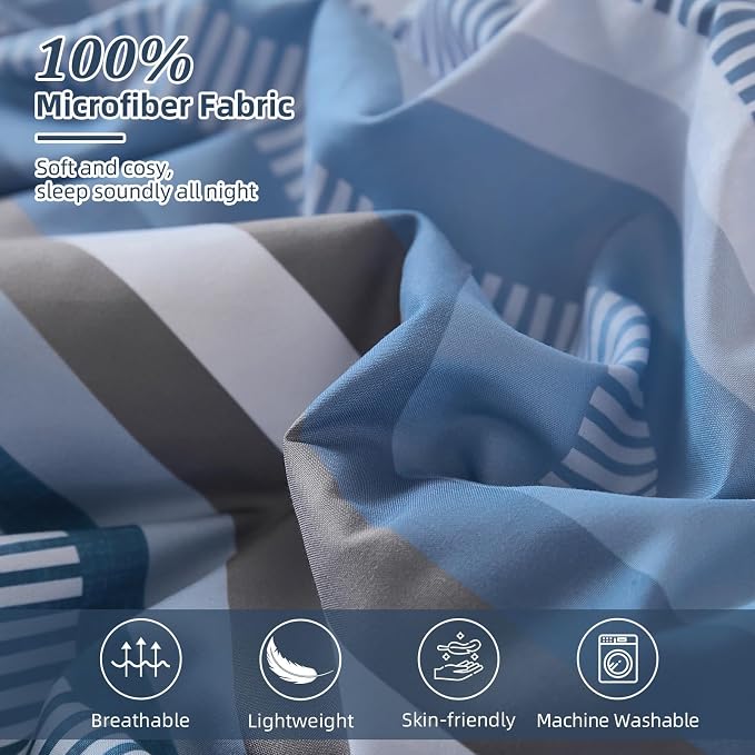 Dobuyly Grayish Blue Queen Comforter Set 7 Pieces, Boho Striped Bed in a Bag Queen Size Soft Microfiber All Season Grey Bedding Set with Comforter, Sheets, Pillowcases & Shams