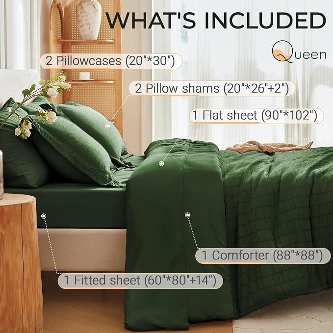 7 Pieces Queen Comforter Set, Seersucker Bed in a Bag Queen Size, All Season Luxury Bedding Set with Comforter, Flat Sheet, Fitted Sheet, Pillowcases & Shams, Dark Green