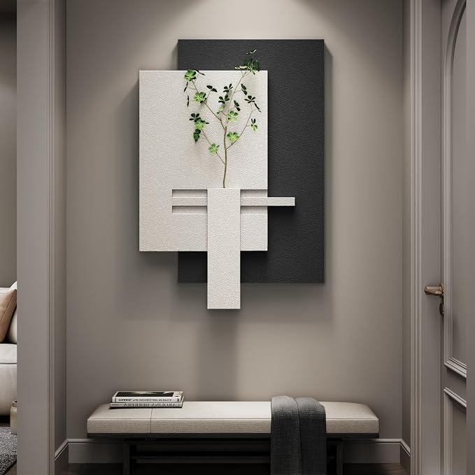 3D Black and White Abstract Wall Art, Modern Minimalist Artwork for Walls | Sandstone Textured Pictures, Layered Panle Design, Faux Plant, Decor for Living Room Bedroom Dining Room Office