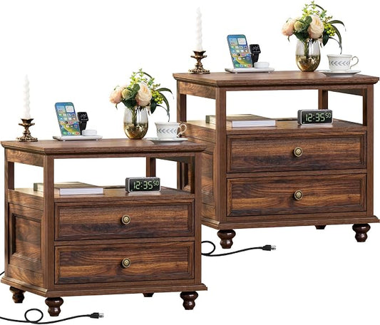 Joaxswe Farmhouse Nightstand Set of 2 with Charging Station, 24" Wide End Table with 2 Drawers,Brown Dresser for Bedroom,Bed Side Table Chest of Drawers Cabinet, Night Stand for Living Room