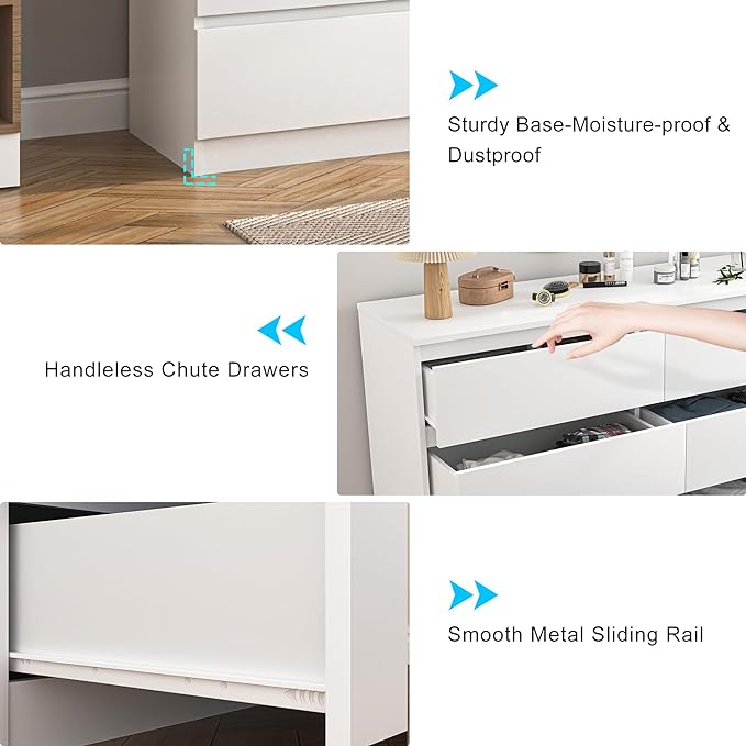 Vibe & Dine White Dresser 6 Drawer, Modern Double Dresser for Bedroom, Wood Chest of Drawers with Wide Storage for Living Room