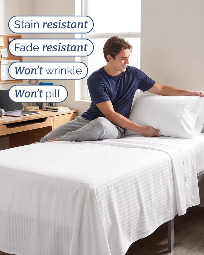Twin 4 Piece Bed Sheet Set - Breathable & Cooling Sheets - Striped White | Ultra Soft Hotel Luxury Bedding Set with 8-16 Inch Deep Pockets, 1 Flat & 1 Fitted Sheet & 2 Pillowcases, Wrinkle & Fade Free