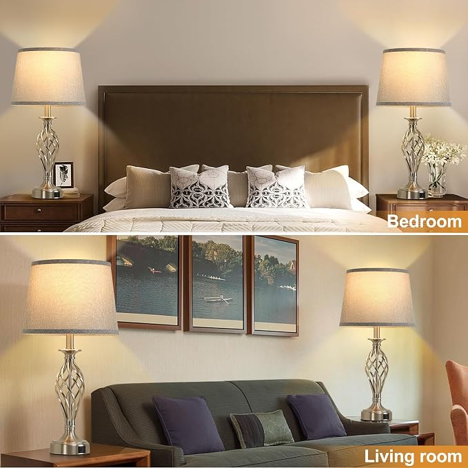 Table Lamp for Bedroom Set of 2 with USB C+A Ports,Modern Night Stand Lamps | Silver Bedside Lamps with Spiral Cage Base,Grey Fabric Shade,Lamp for Living Room Reading Bed Side End Table,Bulbs Included