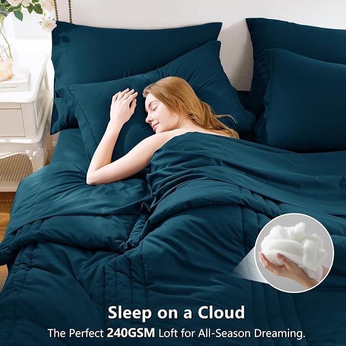 King Size Comforter Set Lyons Blue- 7 Pieces Bed in a Bag | OEKO-TEX Certified, 240GSM Down-Alternative Comforter, 14" Deep-Pocket Sheets, Shams & Pillowcases, Lightweight