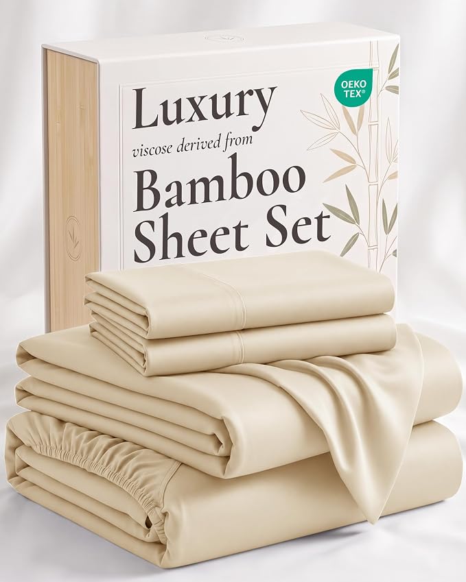 Hotel Sheets Direct 4 Piece Bed Sheet Set Queen Size, 100% Viscose Derived from Bamboo Sheets Set with 2 Pillowcases, Cooling & Breathable Luxury Bedding, Moisture-Wicking & Silky Soft, Light Yellow