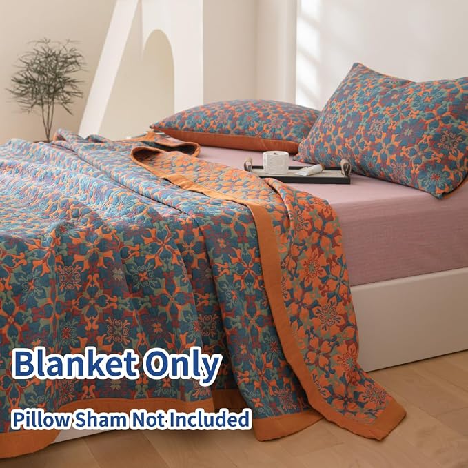 100% Cotton Muslin Blanket Jacquard Bohomian Mandala Floral Print Quilt, Soft Bed Cover 3 Layers Reversible Bedspread Coverlet Breathable Lightweight Bedding Twin(59"x94"), No Pillow Sham