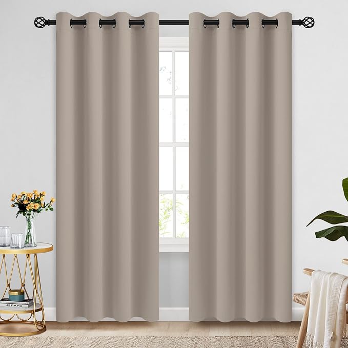 COSVIYA Grommet Room Darkening Natural Curtains 84 inch Long for Bedroom | Light Blocking Insulated Thermal Curtains for Living Room, Blackout Thick Polyester Window Drapes,52x84 inches, 2 Panels