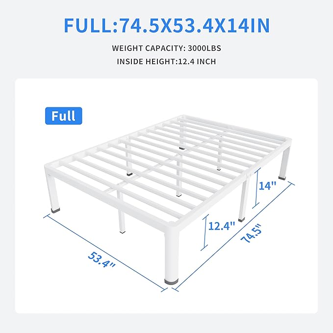 MAF 14 Inch Full Size Metal Platform Bed Frame White with Round Corner Legs | Mattress Baffle, 3000 LBS Heavy Duty Steel Slat Support, Noise Free, No Box Spring Needed, Easy Assembly, 12.4" Storage Space
