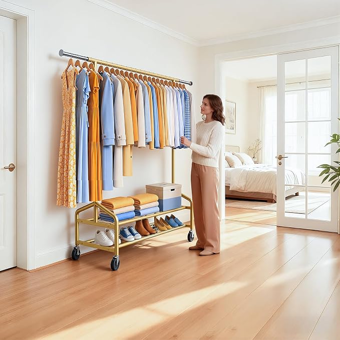 Heavy Duty Clothes Rack, Rolling Clothing Rack Load 650 LBS for Hanging Clothes with 2 Sturdy Shelves, Metal Garment Rack with Wheels for Bedroom, Laundry Room, Retail Store, Gold