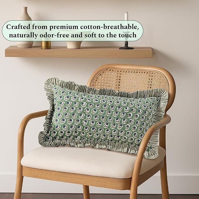 Ridhi Block Print Basil Green Ruffle Lumbar Pillow Shams, 20" x 12" | 100% cotton, Floral Pillowcase, Cushion Cover, Hidden Zipper, Cottagecore Bedding, farmhouse boho style, fits couch, sofa,Bed
