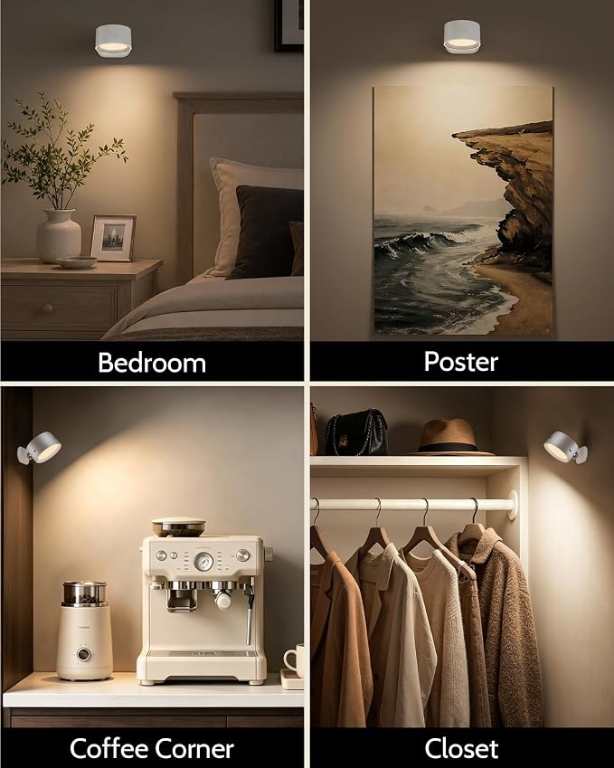 LED Wall Mounted Lights, Rechargeable Wall Sconces, 3 Color Temps, Remote & Touch, 360° Rotating and Dimmable for Bedroom, Bedside & Reading (White, 2 Pack)