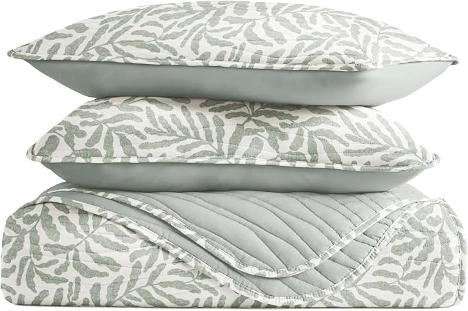 Merit Linens 3 Piece Quilt Set - Super Soft - Lightweight - All Season Quilted Coverlet - Floral Patterns - Full/Queen Eucalyptus