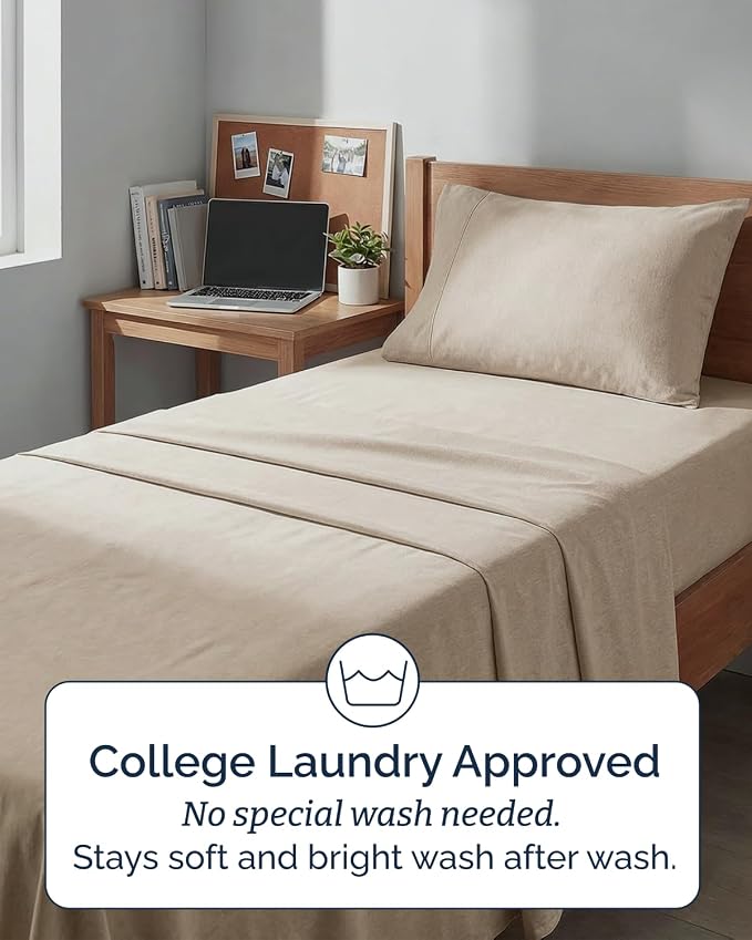 Extra Deep Twin XL Sheet Set - 3 Piece College Dorm Room - Heathered Beige | Soft, Breathable & Cooling, Easily Fits 18 to 24 inch Mattress, Wrinkle Free & Fade Resistant with Extra Deep Pockets