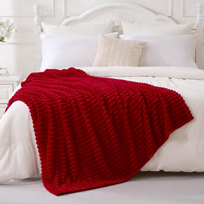 Red Fleece Throw Blanket 60”×80” for Couch Sofa Livingroom | Super Soft Cozy Plush Microfiber Flannel Bed Blanket Striped Design Lightweight Home Decor Gifts for Adults Mom Women