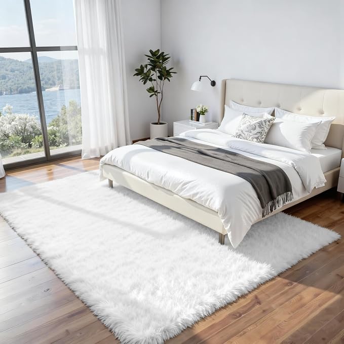 6x9 Fluffy Shag Area Rugs for Living Room Bedroom: Soft Plush Carpet White | Upgraded Non-Slip Thick Memory Foam, Ultra Soft, Non-Shedding Fuzzy Carpet, Easy Clean Decor for Kids Room, Nursery, Playroom