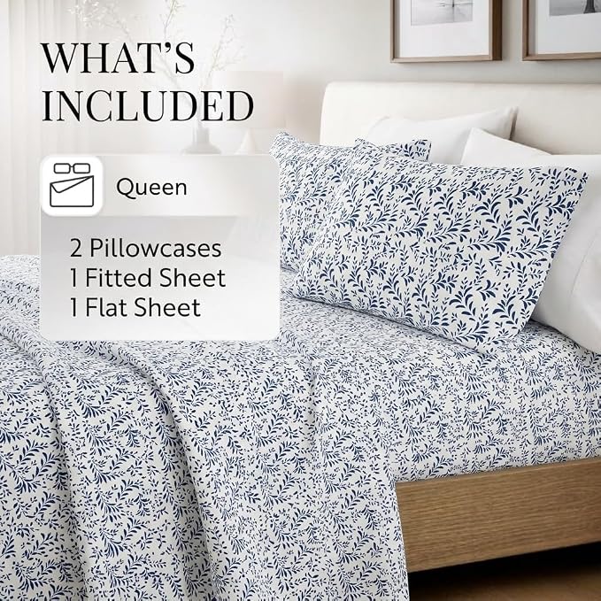 Linen Market Double-Brushed Patterned Microfiber Queen Sheet Set 4 Piece – Oeko-TEX Certified Ultra Soft & Wrinkle-Free - 16" Deep Pocket Sheets - Easy Care Queen Size - Burst of Vines Navy
