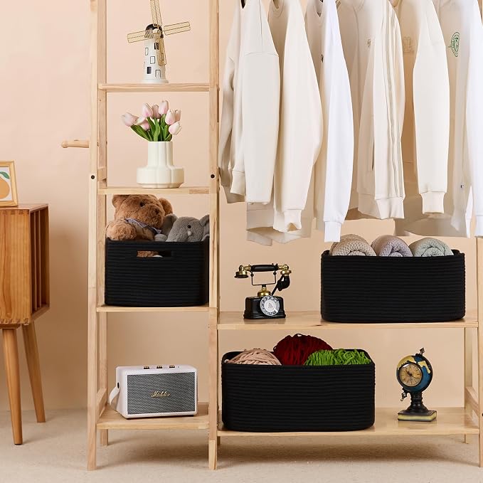 MiniArk Large Storage Baskets for Shelves, 17 x 13 x 7.5” Closet Organizers Bins for Clothes Blanket Towels, Baby Nursery, Toy Baskets Box, Woven Rope Baskets, 2 Packs Black