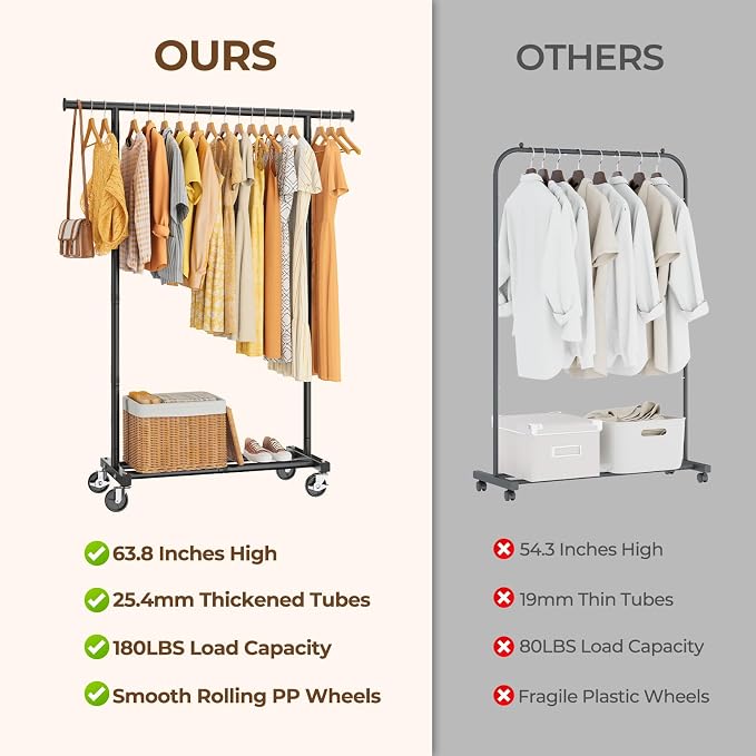 HYSEYY Clothes Rack, Clothing Rack for Hanging Clothes, Rolling Garment Rack Sturdy Coat Rack Portable Wardrobe Rack Metal Closet Rack for Bedroom Laundry Living Room, Black
