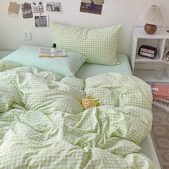 LifeTB Queen Comforter Set Green Gingham Bedding Comforter Set 3 Pieces Brown Grid Bed Comforter with 2 Pillowcases Vintage Checkered Plaid Comforter Fluffy Soft Farmhouse Grid Bedding Set