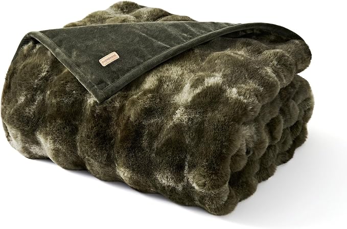 EverGrace Faux Rabbit Fur Bubble Throw Blanket, 60"x80", Marble Olive | Ultra Soft, Luxury Faux Rabbit Fur Throw, Thick Warm Bubble Blanket, Cozy Fluffy Reversible, for Bed, Couch, Chair, Sofa