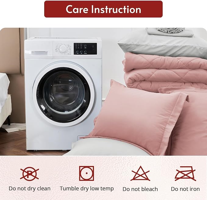 7 Pieces Full Comforter Set, Reversible Bed in a Bag Full Size, All Season Bedding Set with Comforter, Flat Sheet, Fitted Sheet, Pillowcases & Shams, Pink & Light Grey