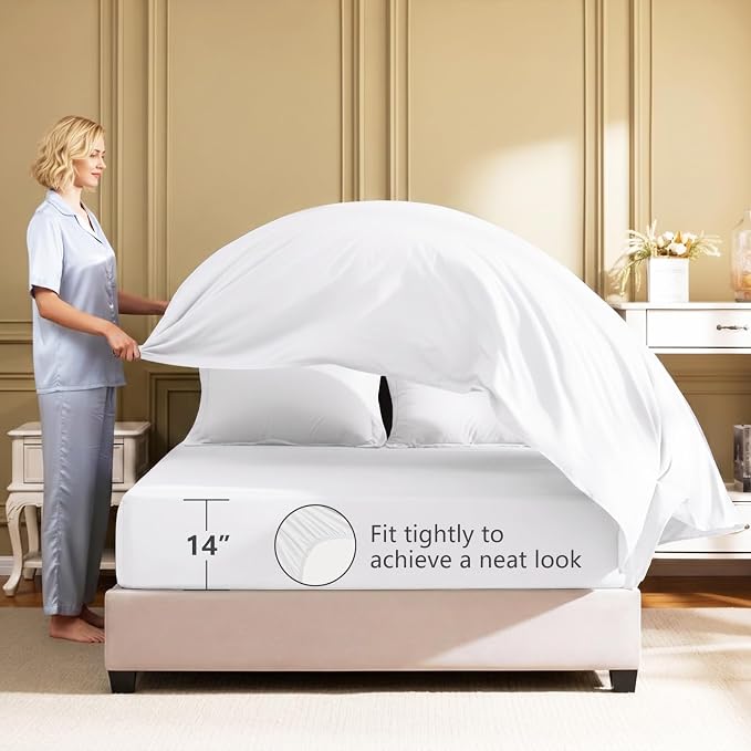 HIMEET King Comforter Set, 7-Piece Point-Quilted Bed in a Bag, White | OEKO-TEX Certified, Lightweight 240 GSM Comforter, Flat Sheet, 14-Inch Deep-Pocket Fitted Sheet, Pillowcases & Shams