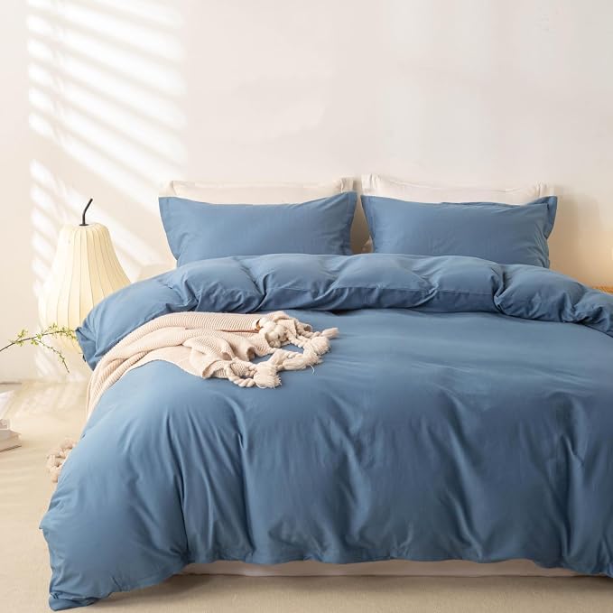 OAITE Duvet Cover Set 100% Washed Cotton Solid 3pcs | Soft,Durable,Long-staple Cotton,Hidden Zipper with 8 Interior Corner Ties,2 Pillowcases