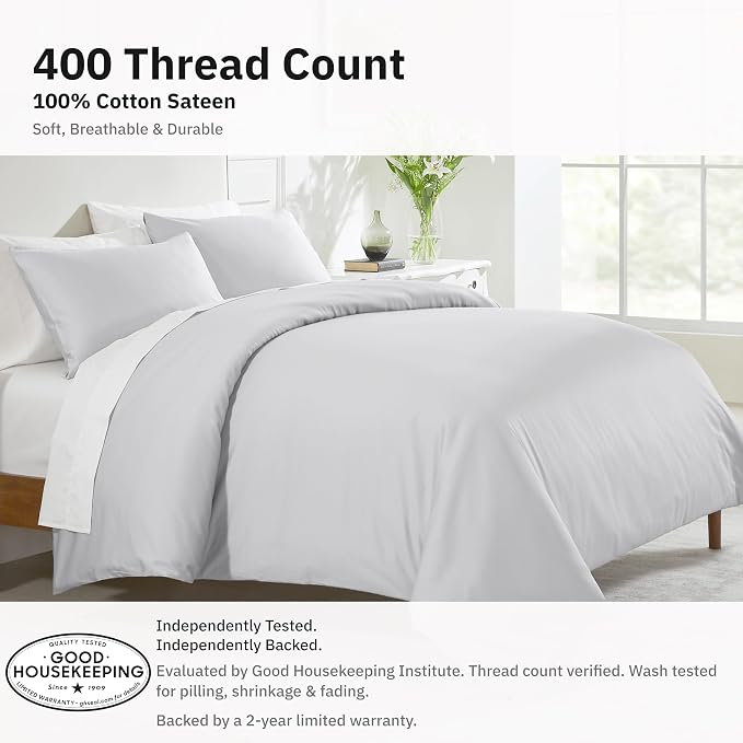 California Design Den Luxury Queen Size Duvet Cover Set, Silver | Soft 400 Thread Count 100% Cotton Sateen Backed by GH Seal, Duvet Cover & Pillow Sham 3 Pc Set, Button Closure & Corner Ties