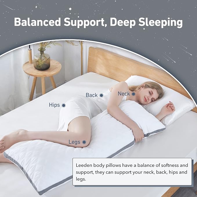 Leeden Body Pillow Insert 20 x 54 for Side Sleepers White Support | Soft polyester padding delivers full-body support for side sleepers, maternity rest, reading and daily relaxation.