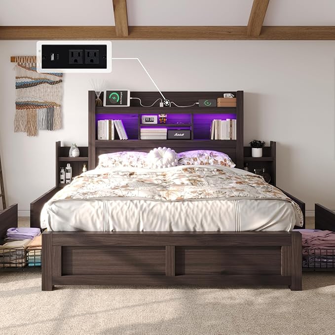 LUXOAK Full Bed Frame with Storage, Bookcase Headboard, Black | 49.6" Headboard, Wood Platform Bed, Charging Station, Bedside Storage, 4 Storage Drawers, No Box Spring Needed, Farmhouse