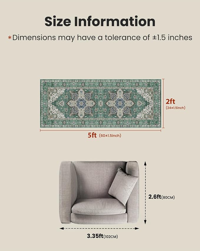 AMADA HOMEFURNISHING 2x5 Washable Runner Rug, Low-Profile Kitchen Rugs with Non-Slip Backing & Durable Edge Binding, Vintage Entryway Runner Rug for Bedroom & Hallway