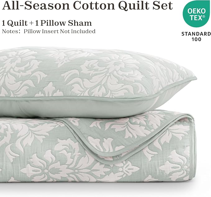Exclusivo Mezcla Cotton Quilts Twin Size Sage Green | Soft Lightweight Bedspread, Breathable Prewashed Yarn Dyed Muslin, All Season Bedding Set, Boho Coverlet With 1 Pillow Sham