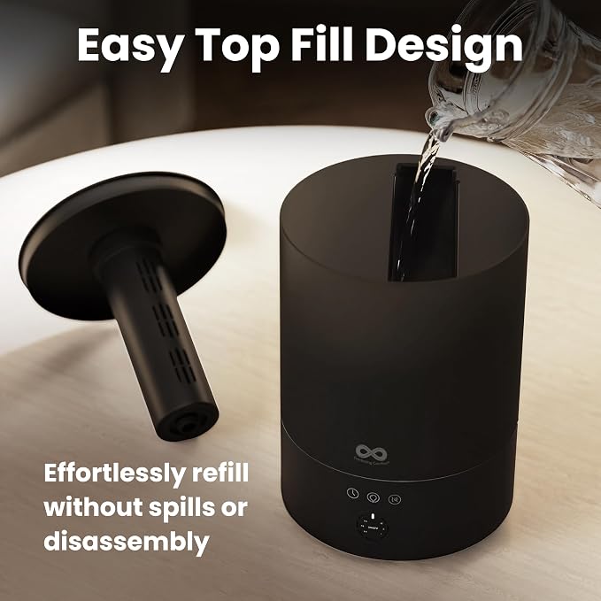 Everlasting Comfort 2.5L Top Fill Humidifier for Bedroom – 28dB Ultra-Quiet, Easy to Fill & Clean, 24HR Runtime, Night Light, Timer, Ultrasonic Cool Mist, Auto Shut-Off for Indoor Use - Black
