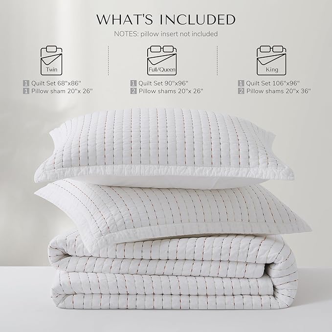 HORIMOTE HOME 100% Cotton King Size Quilt Set, White Pre-Washed Striped Channel Stitch Bedding Set, Cozy Lightweight Bedspreads Coverlet Set with 2 Shams for All Season, 3 Pieces