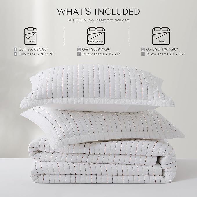 HORIMOTE HOME 100% Cotton Queen Size Quilt Set, White Pre-Washed Striped Channel Stitch Bedding Set, Cozy Lightweight Bedspreads Coverlet Set with 2 Shams for All Season, 3 Pieces