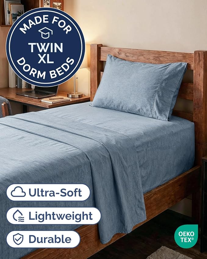 Extra Deep Twin XL Sheet Set - 4 Piece College Dorm Room - Heathered Blue | College Dorm Room Essentials, Easy & Secure Fit, Ultra-Soft, Wrinkle & Fade Free, Comfy Sheets Set with Extra Deep Pockets