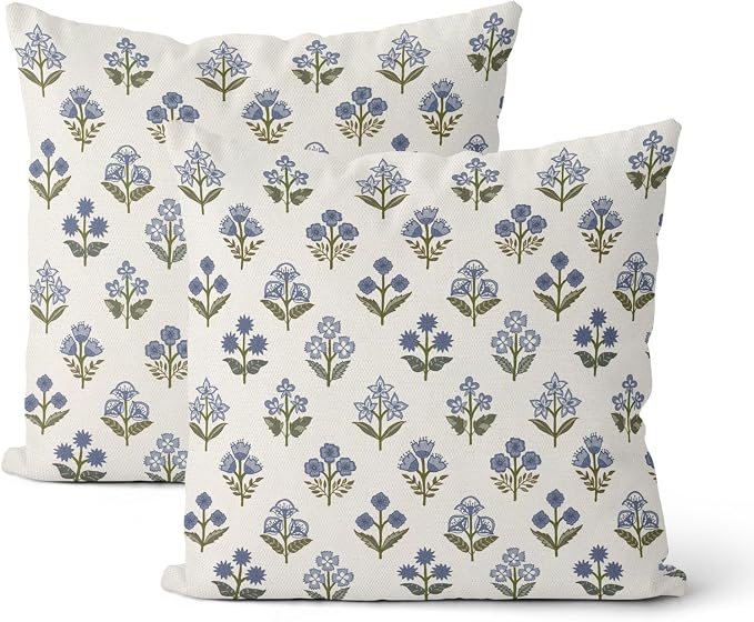 Blue Green Pillow Covers 22x22 Inch 2 Pcs Block Print Vintage Floral Decor Throw Pillows Boho Flower Spring Summer Outdoor Seasonal Decoration Pillowcase Linen Cushion Cover for Couch Sofa