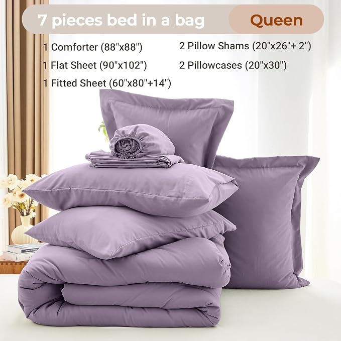 7 Pieces Queen Comforter Set, Soft Bed in a Bag Queen Size, All Season Bedding Set with Comforter, Flat Sheet, Fitted Sheet, Pillowcases & Shams, Greyish Purple