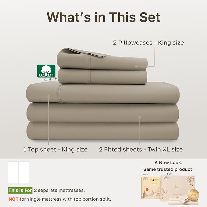 California Design Den Soft 100% Cotton Split King Bed Sheets, 5 Pcs, Taupe | 400 Thread Count with Good Housekeeping Seal, Split King Sheets Sets for Adjustable Bed with 2 Separate Twin-XL Mattresses