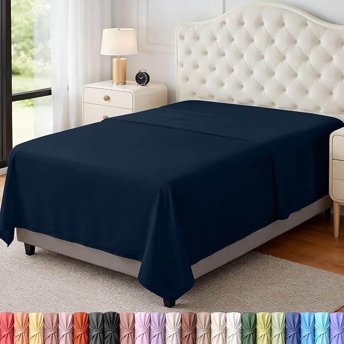 Twin Size Flat Sheet Only, Ultra Soft & Breathable Hotel Sheets, Navy | Hotel Bedding, Cooling Comfort, Smooth Feel, Wrinkle & Fade Resistant, Easy Care, Long-Lasting, Machine Washable, OEKO-TEX
