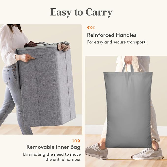 Lifewit 185L 3 Section Laundry Hamper with Lid, Laundry Basket, Light Gray | Large Foldable Laundry Sorter with 3 Removable Bags, Tall Clothes Hamper for Bedroom and Bathroom