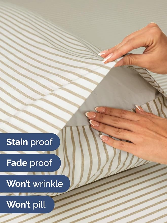 Extra Deep Split King Sheet Set - 7 Piece Cooling Sheets - Beige Stripes | Hotel Luxury Bed Sheets Set, Easy & Secure Fit, Ultra-Soft, Wrinkle & Fade Free, Comfy Sheets Set with Extra Deep Pockets