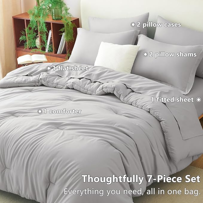 Queen Comforter Set French Grey, 7 Pieces Bed in a Bag | OEKO-TEX Certified, All-Season, Bedroom, 240GSM Down Alternative Comforter, Flat & Fitted Sheets, 2 Pillowcases & 2 Shams