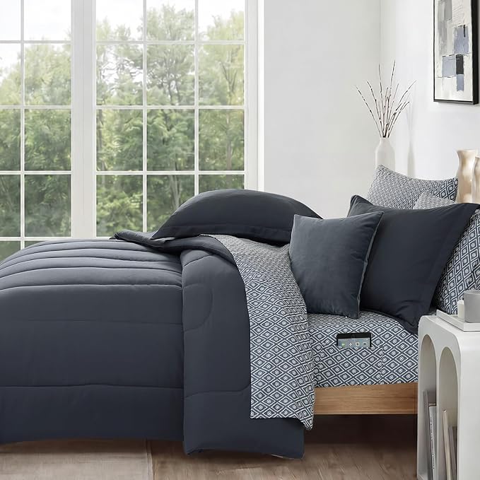 Monbix Queen Comforter Set -7 Pieces Soft Bed in a Bag Queen Bedding Sets | All Season Blue Grey Track Stitching Comforter Bed Set with Printed Sheets, Pillowcases & Shams