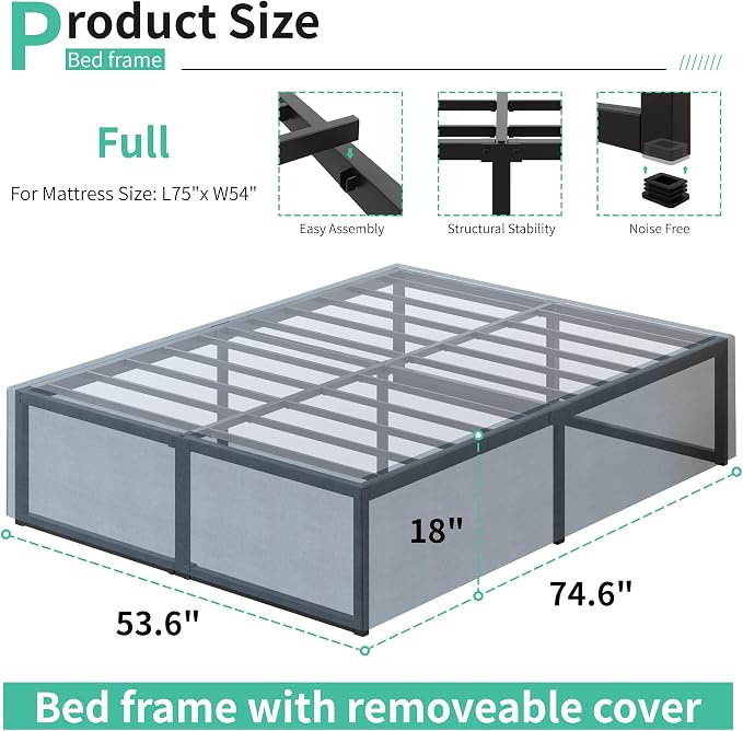 Lutown-Teen 18 Inch Full Size Bed Frame with Cover Skirt, Heavy Duty Metal | Full Platform Bed Frame No Box Spring Needed, Easy Assembly, Noise Free, Black and Blue